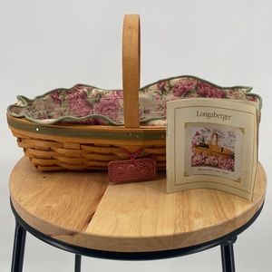 Longaberger 2001 Peony Basket w/Fabric Liner & Plastic Liner Ceramic Dangle COA